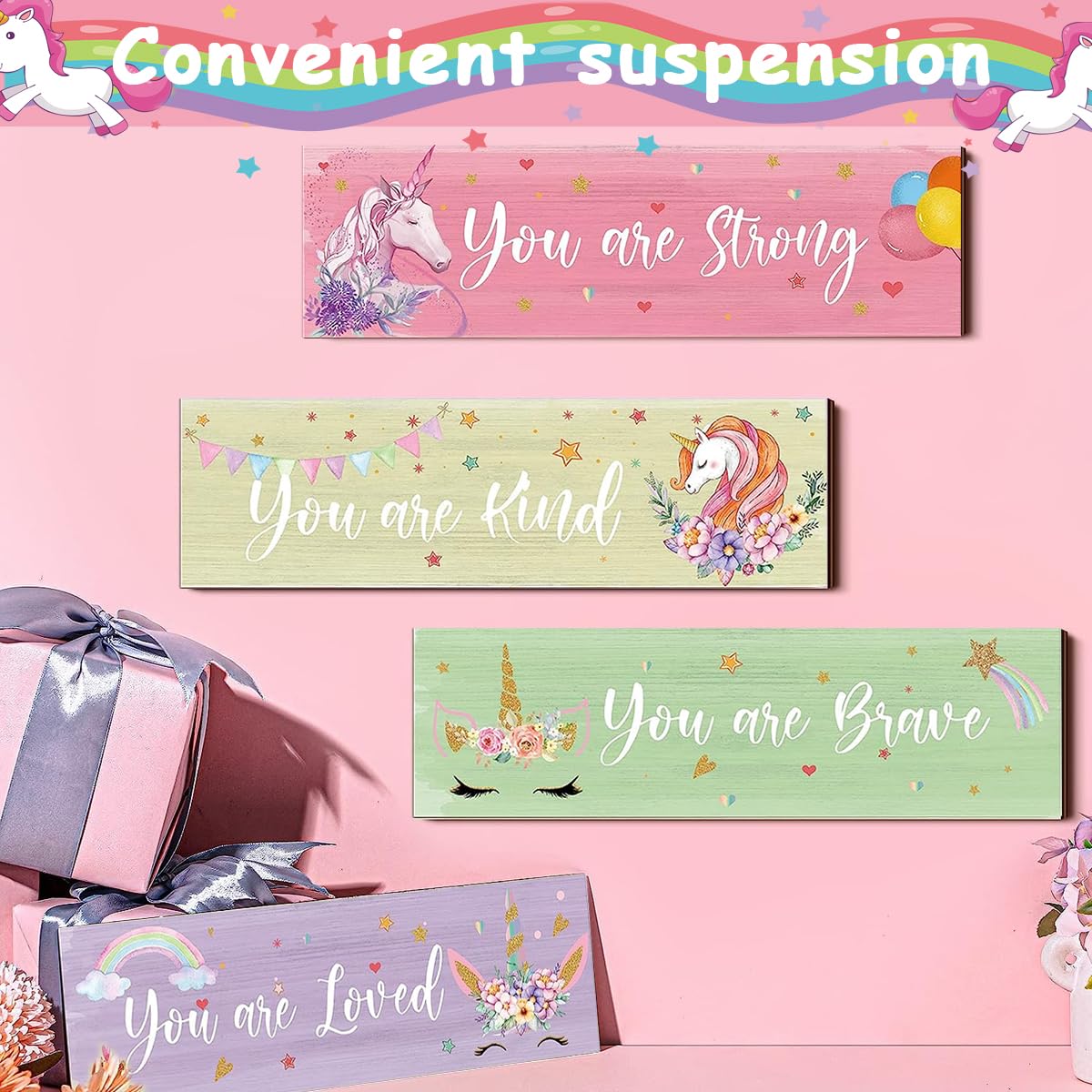 HASTHIP Unicorn Rainbow Wall Decor for Girls Room with Triangular Hooks and 11.8×3.9 in Wooden Signs | Set of 4 Inspirational Bedroom Decorations