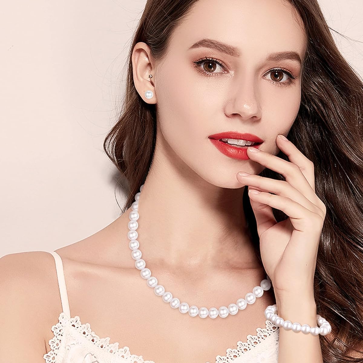 Venzina White Pearl Jewellery Set for Women with 18 in Necklace 7 in Bracelet and Earrings | Elegant Gift for All Occasions