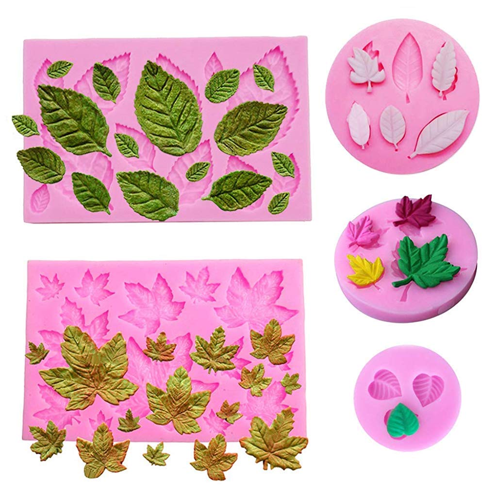 HASTHIP® 5PCS Silicone Leaves Fondant Molds 3D Mini Maple Leaf Rose Shaped DIY Cake Decoration Molds