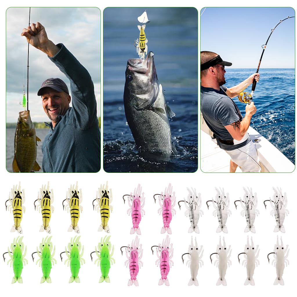 Proberos Fishing Lures Kit 20 pcs 1.6 in Shrimp Shape Baits with J Hook & 6 Colors for Freshwater | Saltwater