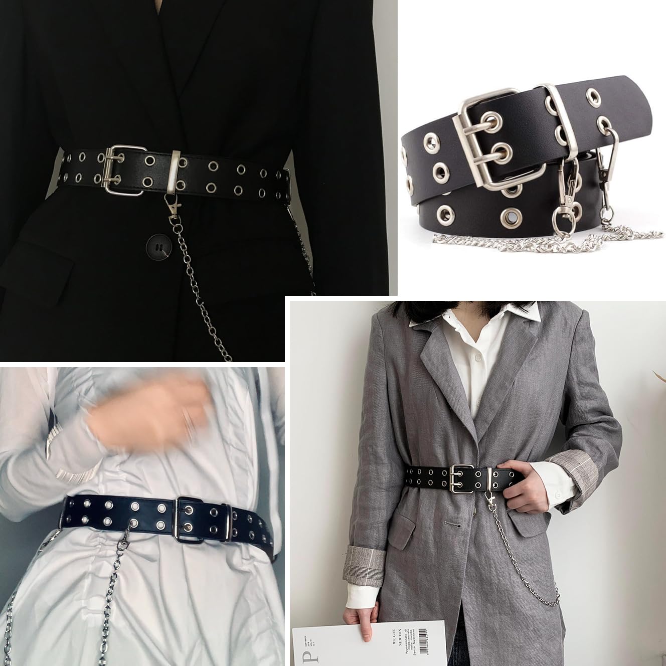 SANNIDHI Belt for Women featuring Dual Row Metal Eyelets and Chain in Black PU Leather