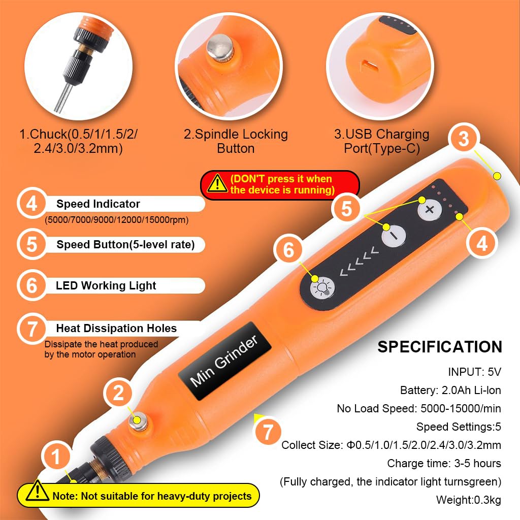 Verilux Mini Cordless Rotary Tool Kit, Mini Drill Machine with 5 Speeds and USB Charging with 58 Accessories, 3.7V Power Rotary Tool for Sanding, Polishing, Drilling, Etching, Engraving, Carving, DIY Crafts