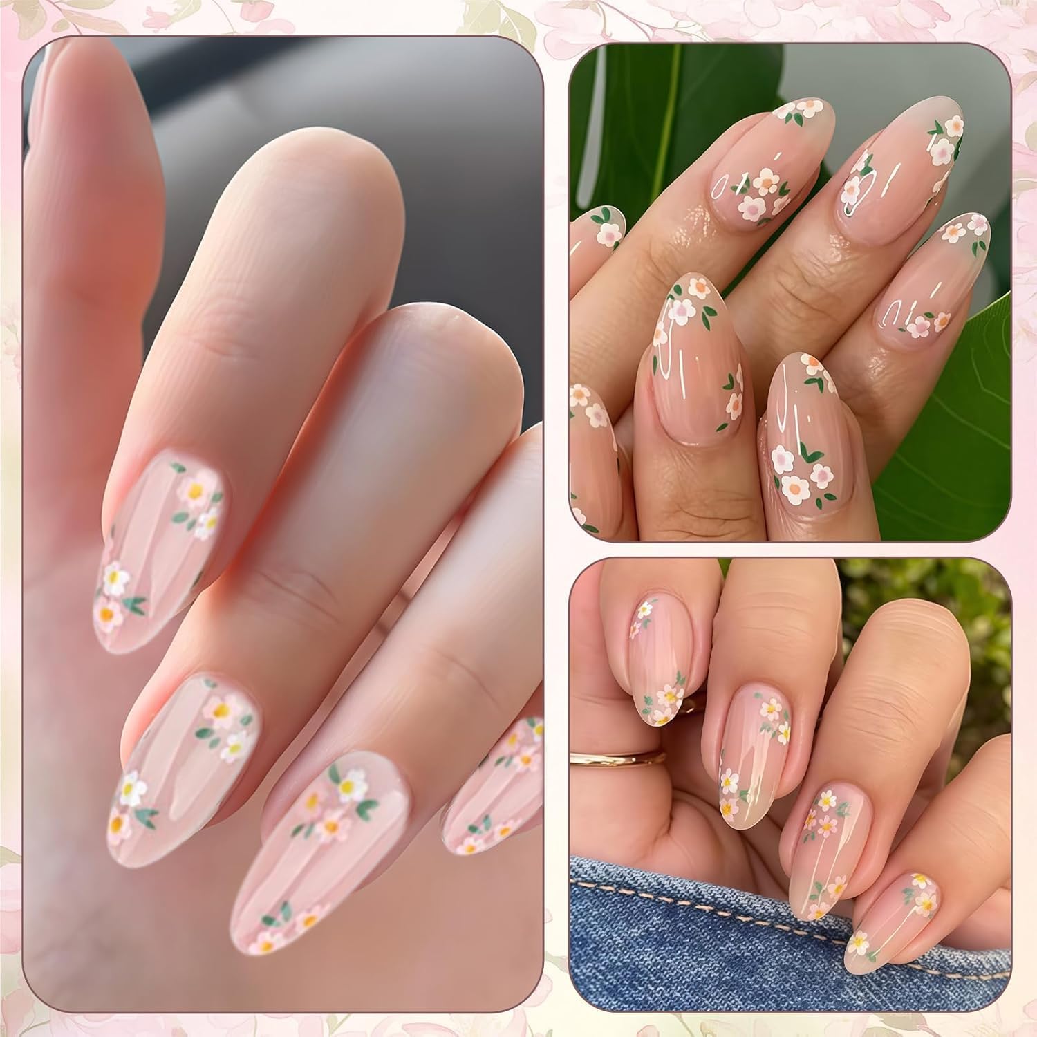 MAYCREATE Press On Nail Set for Everyday Wear with 24Pcs Almond Sizes and Adhesive Tabs | Pink Floral Resin Design