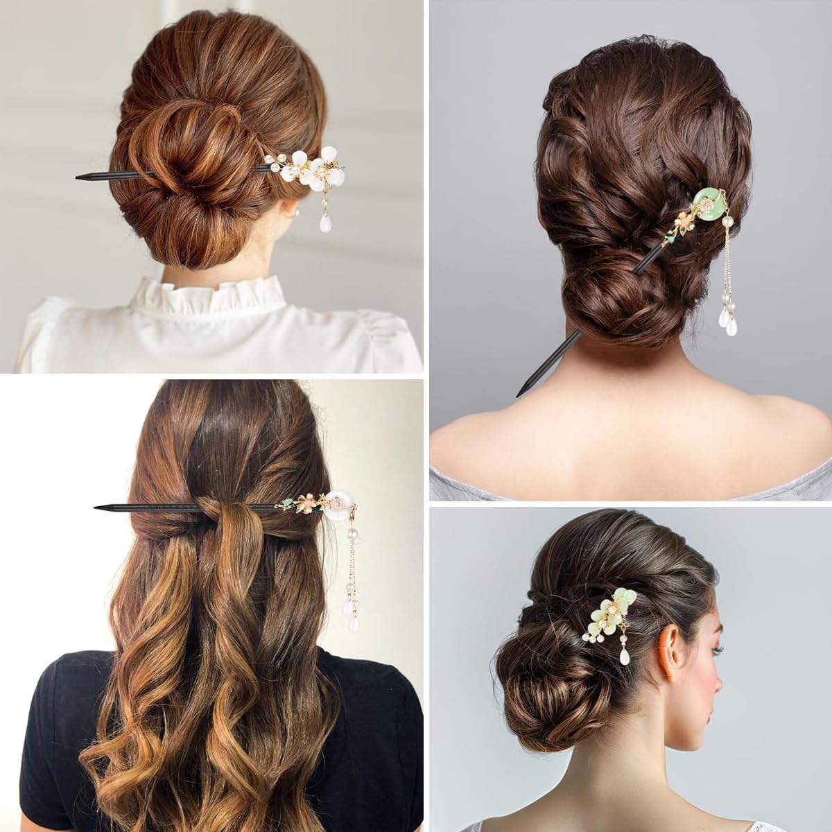 MAYCREATE Hair Stick for Bun with 7 in Wooden Design featuring Floral Charm | Set of 4