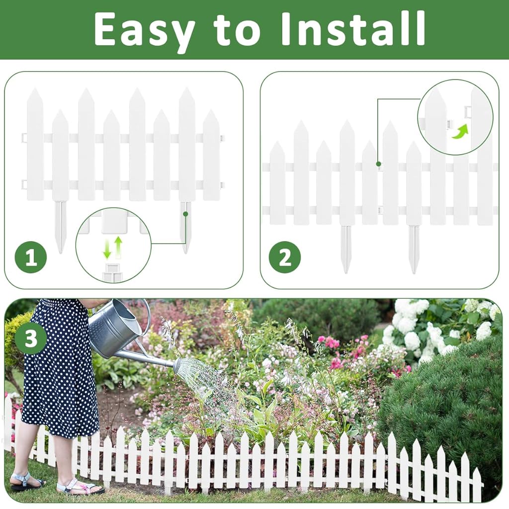 HASTHIP Outdoor Garden Fence Border - Garden Edging Fence Decorative - White Garden Picket Fence Panels - Weather-Proof PVC Garden Fence Decorative - Flower Bed Fencing for Pathway, Yard,  Lawn