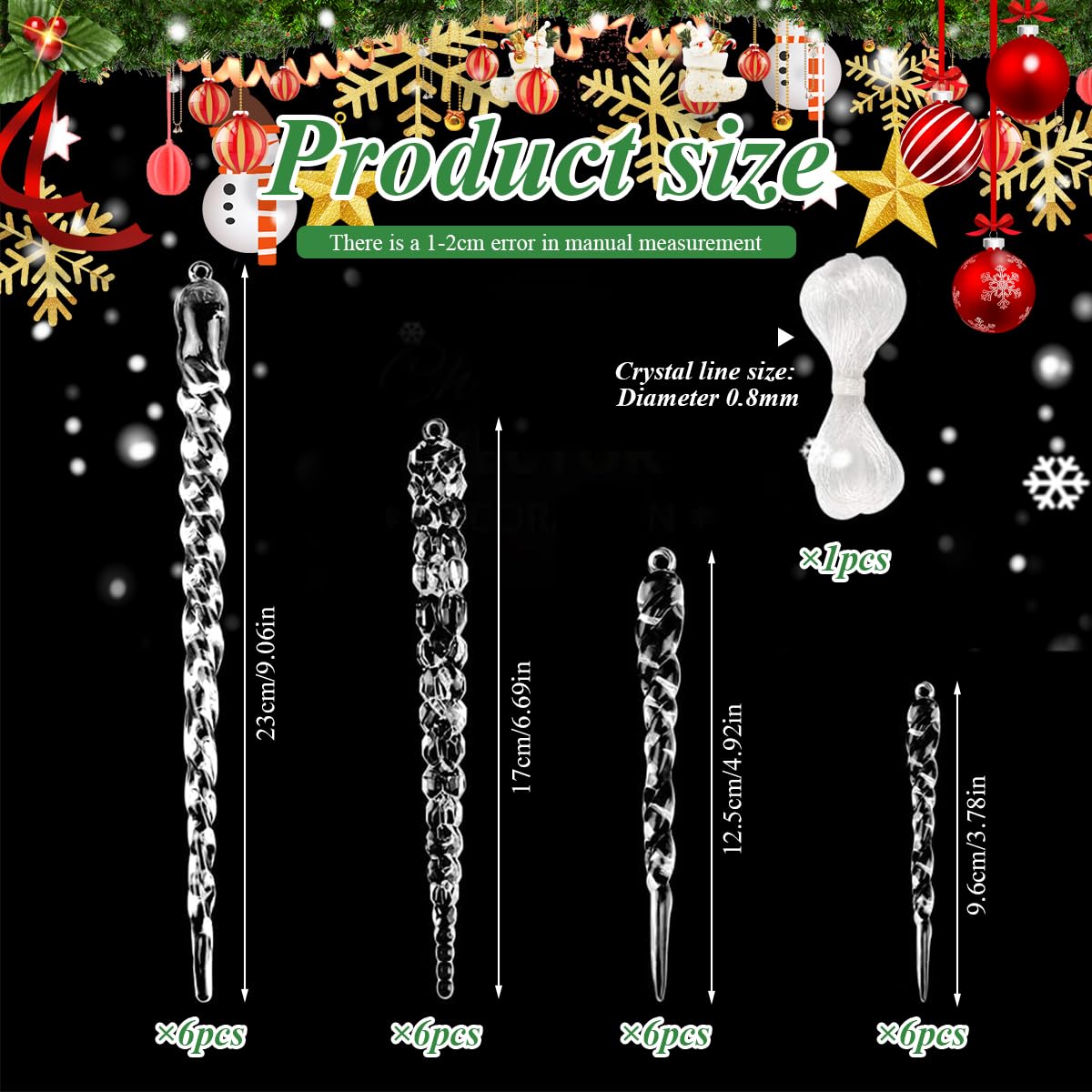 ZIBUYU Christmas Tree Decoration Items 24PCS with Spiral Icicle Design | Transparent Acrylic Ornaments