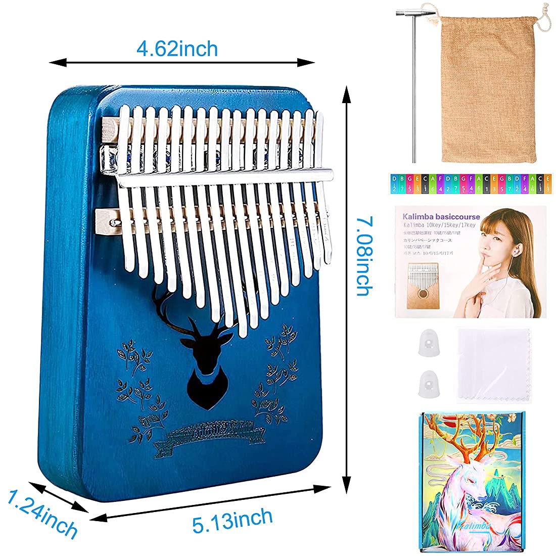 ELEPHANTBOAT® Blue Deer Kalimba, Mbira Thumb Piano Kalimba Musical Instrument with Learning Book, Tune Hammer,Cloth Bag, Sticker, Bilingual Instruction,Finger Covers,Christmas Gifts for Woman and Kids