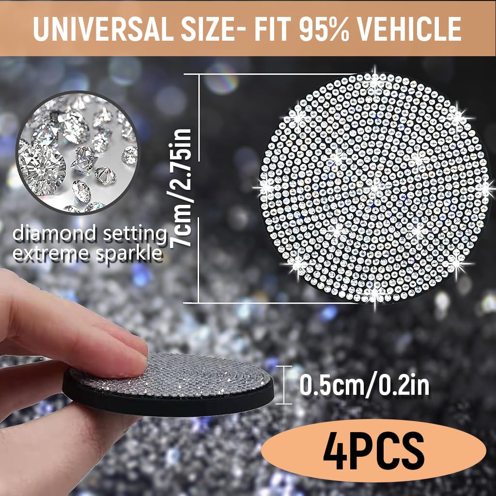 STHIRA Car Cup Holder Coasters 4Pcs Set featuring 2.76 in Anti-slip PVC Rubber | Sparkling Rhinestone Interior Decor