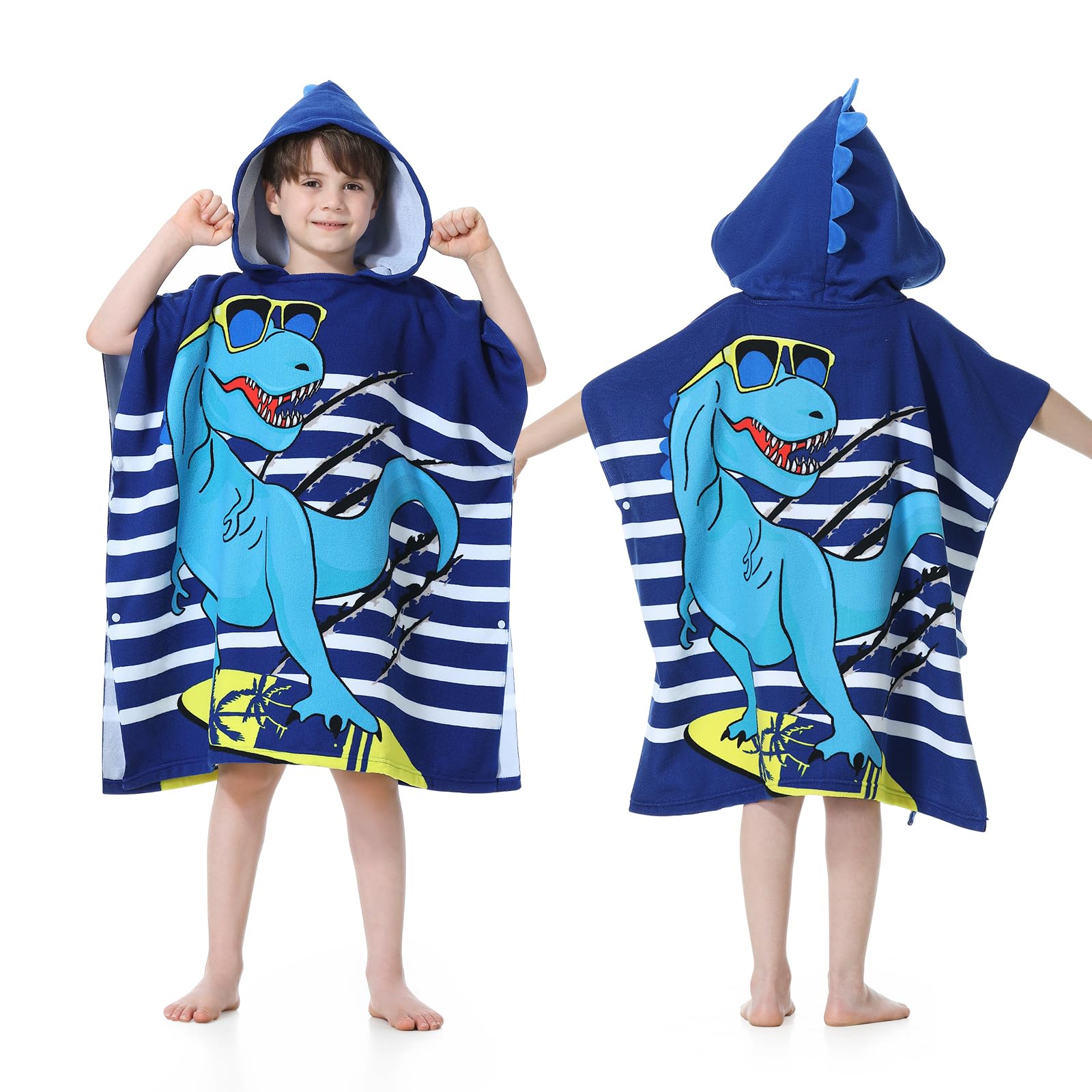 SNOWIE SOFT® Kids Hooded Bath Towel Boys Blue Dino Print Bath Towel Cloak Soft Absorbent Fine Fiber Boys Hooded Cloak Bath Towel with Drawstring Bag, 75 x 150 cm