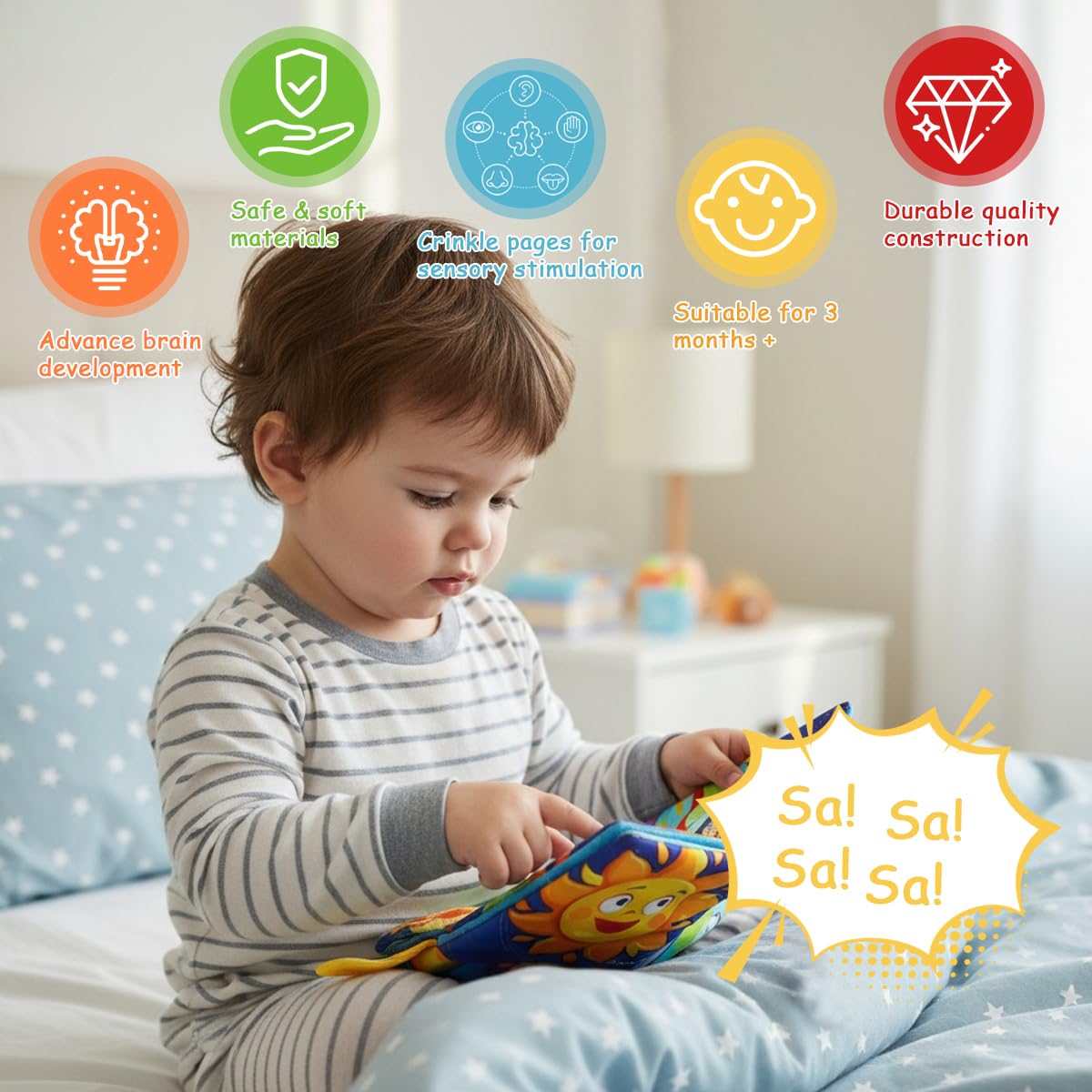 SNOWIE SOFT Cloth Books for Babies with 3D Touch Feel and Rustling Sound | 2Pcs Washable Set