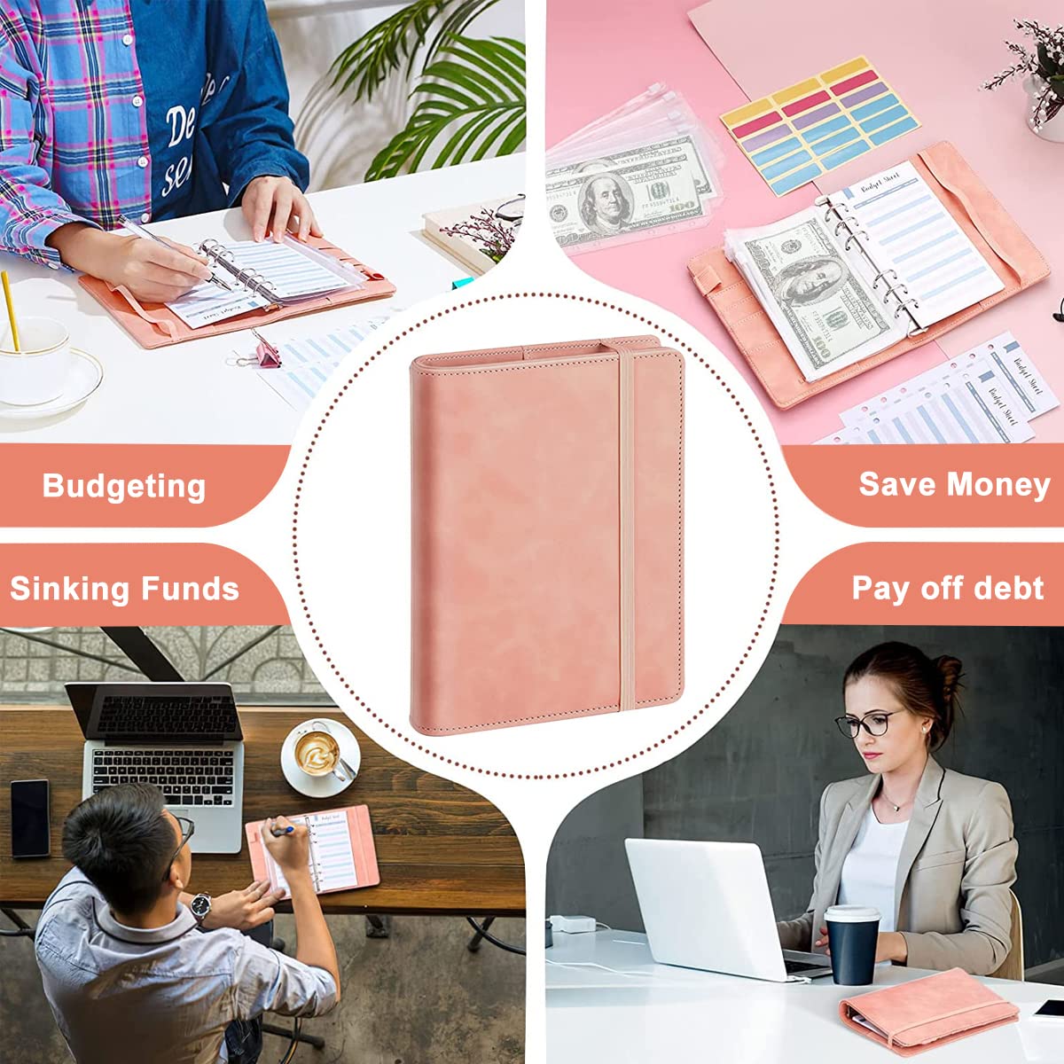 Climberty Budget Binder for Cash and Documents with 6 Ring Binder and 10 Envelopes | Pink A6 PU Leather Organizer
