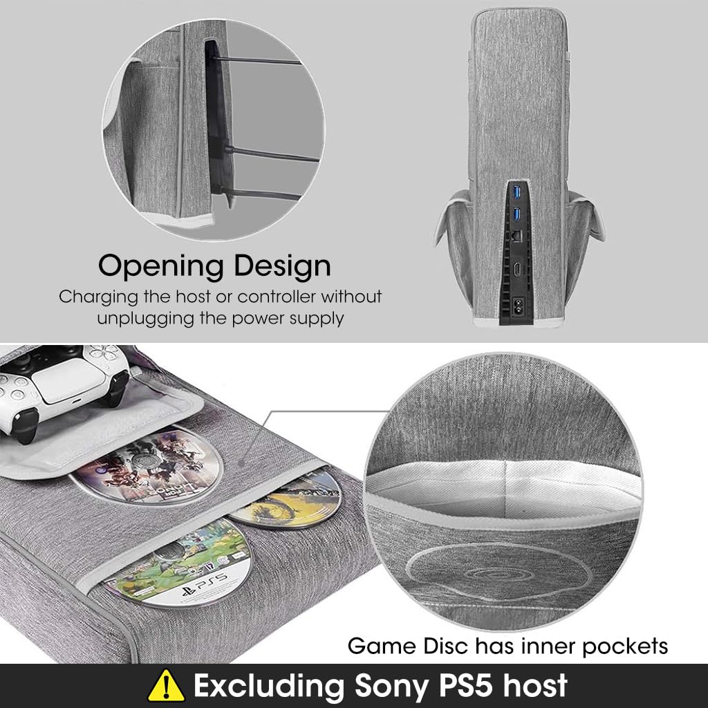 ZORBES PS5 Dustproof Cover with Game Controller Pocket and Cable Port Access | Grey Nylon