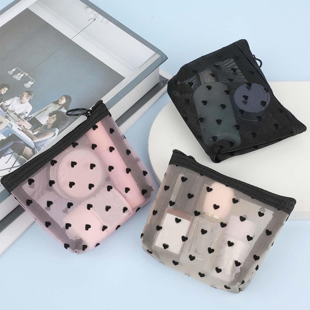 MAYCREATE Small Pouches for Women with Zipper and See Through Mesh 3Pcs 12x9cm | Heart Print Makeup Organizer