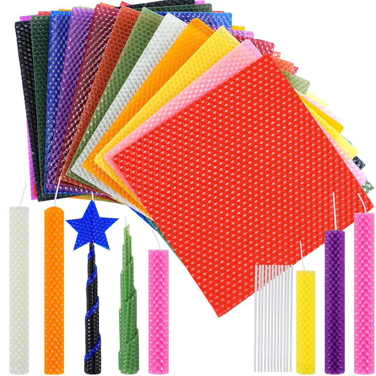 HASTHIP® 12 Beeswax Sheet with 12 Candle Wicks Colorful Beeswax Sheets for DIY Wax Crafting Child-Friendly Non-Toxic Natural Beeswax Sheets Multipurpose Beeswax Sheet for Candle Making Kit