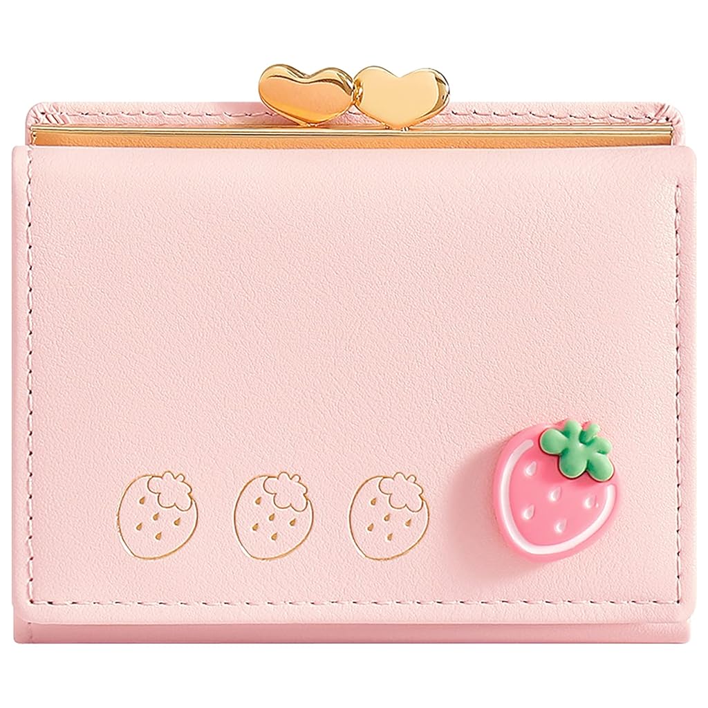 ZIBUYU® Wallet Card Holder for Girls Women Cute Pink Strawberry PU Purse Women Card Bag Multi Card Slot Purse Card Organizer Coin Bag Gift for Girls, 11x8cm