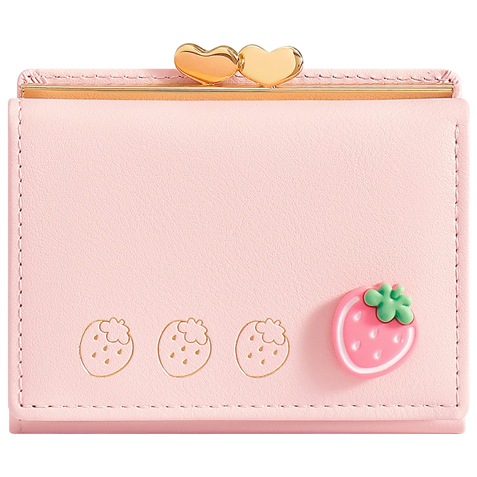 ZIBUYU® Strawberry PU Wallet for Women - Triple Fold Small Purse with Card Slots & Photo Window Cute Mini Cash Holder Gift for Girls & Women (Pink with Gold Heart Buckle)