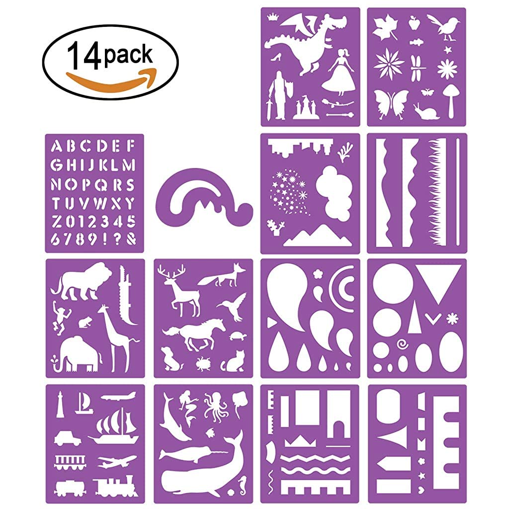 ELEPHANTBOAT Painting Stencils Set for Kids with 14 Templates and 150 Patterns | Reusable PET Plastic