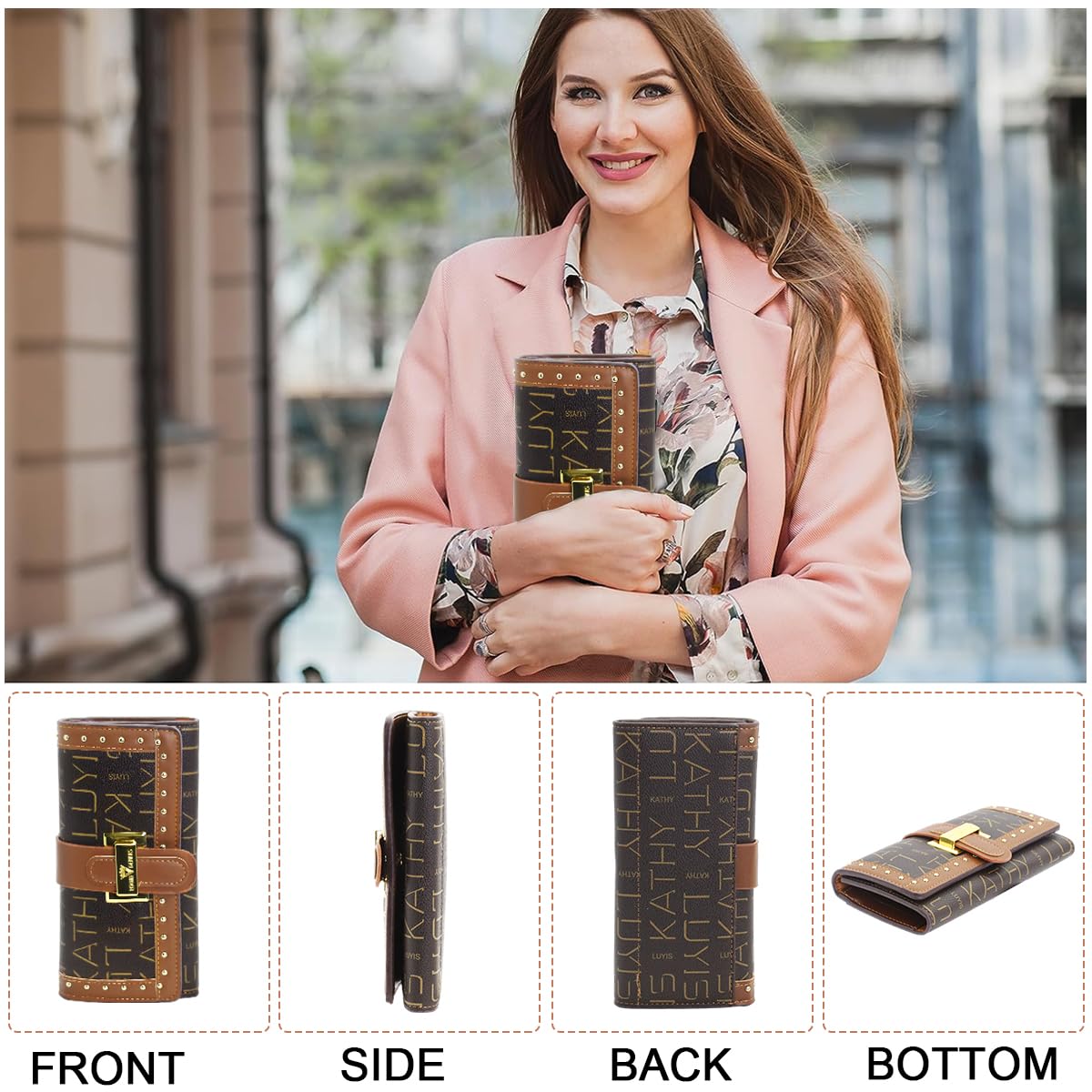 Venzina Women Wallet featuring Bifold Design with Golden Buckle and Black PU Leather Style