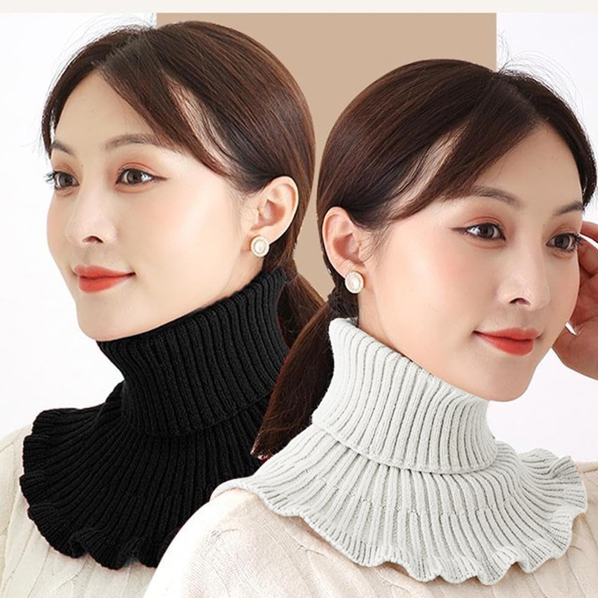 Venzina Knit Fake Turtleneck Collar for Layered Winter Style with Flounce Hem | 2pcs Black and White Acrylic Neck Warmer