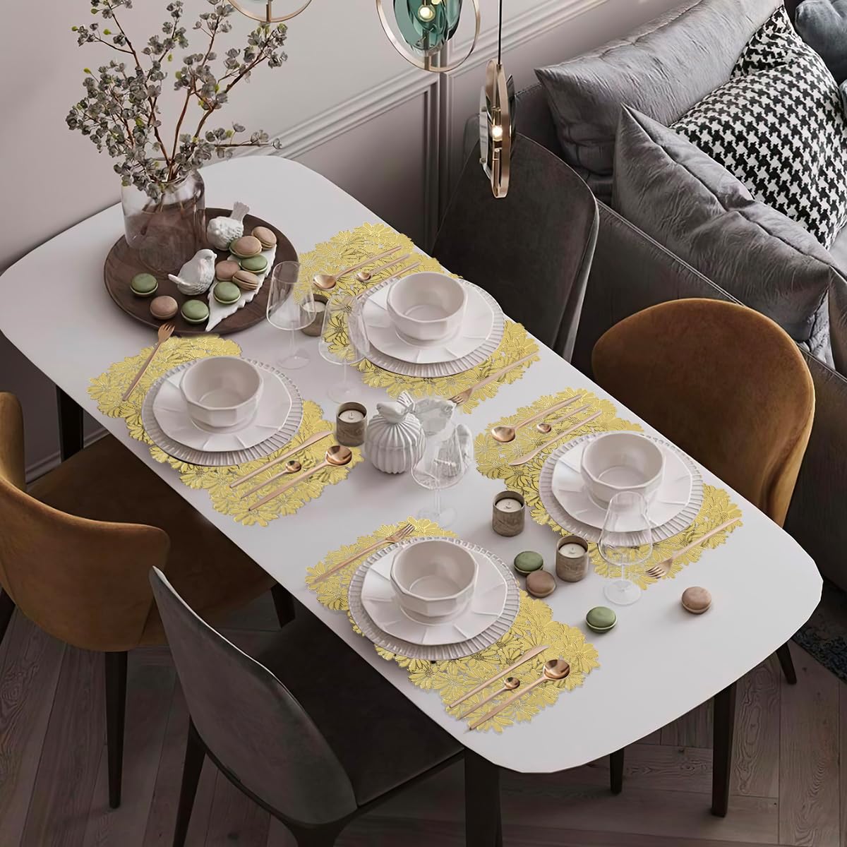 HASTHIP Placemats for Dining Table with 30x45cm Floral Embossing PVC Design | Golden Daisy Set of 6