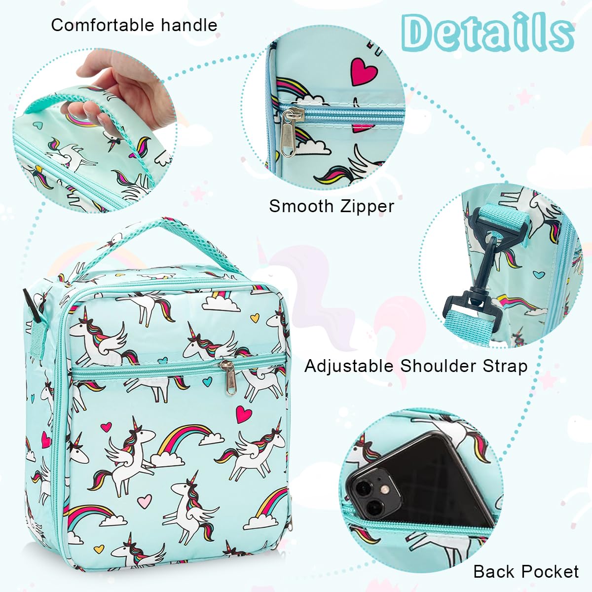 HASTHIP® Lunch Box Bag Insulated Lunch Box Bag Cartoon Print Camping Lunch Box Bag for Kids Thermal Lunch Box Bag with Handle & Removable Shoulder Strap Kids Camping Picnic Food Pouch