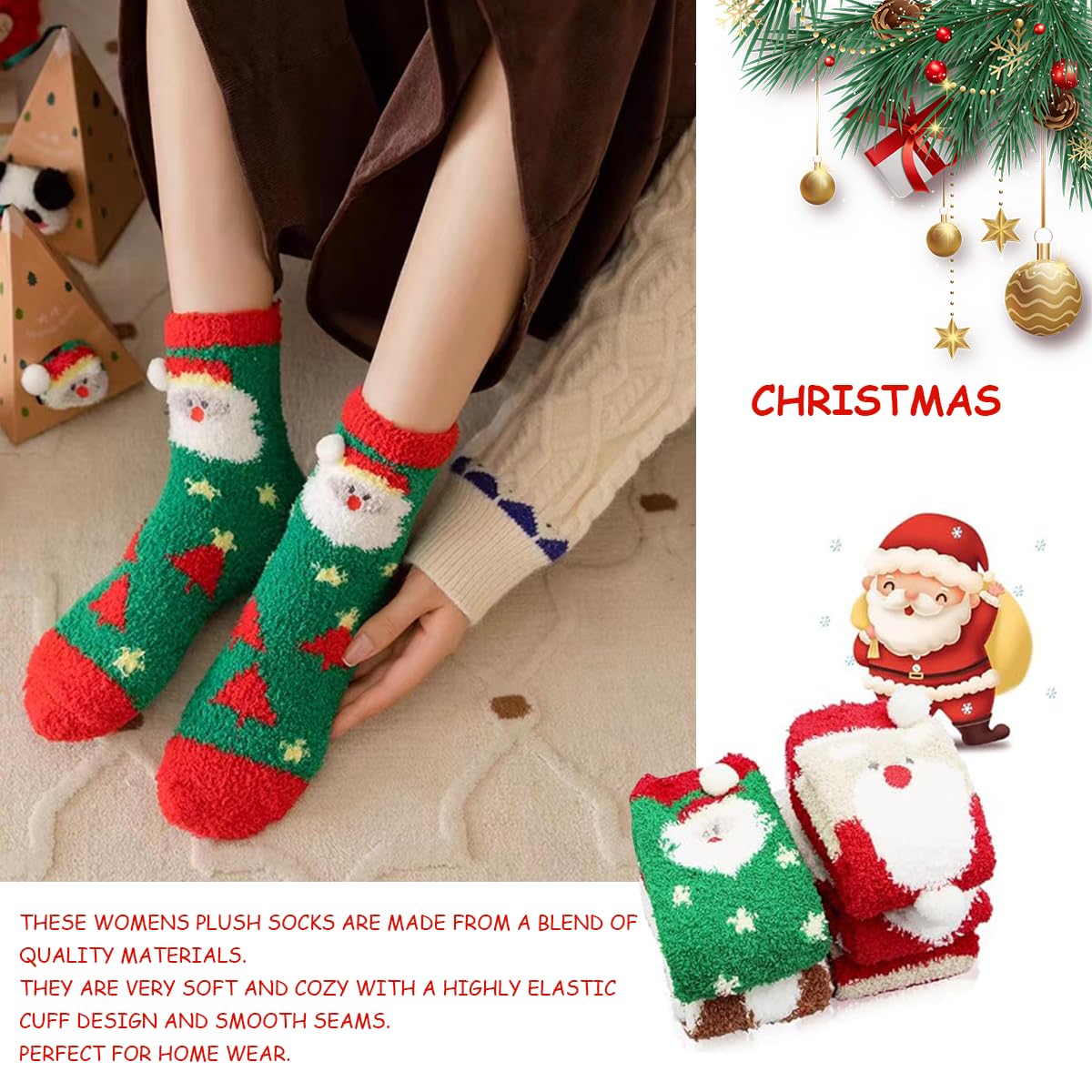 GUSTAVE® 5 pairs Christmas Socks Cute Christmas Floor Socks Winter Warm Socks Home Floor Socks Coral Velvet Socks Warm Winter Thermal Socks Ankle Socks Christmas Gift with Gift Box