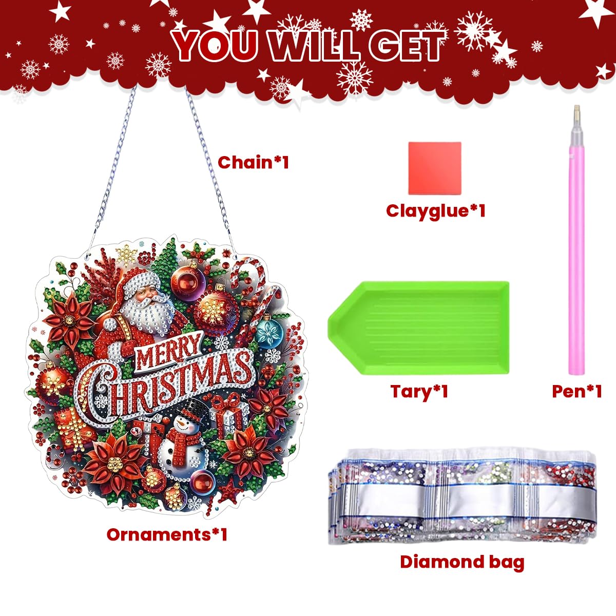 HASTHIP Diamond Art Christmas Door Sign for Festive Decor with Santa Claus 19x19cm | Sparkling Hanging Ornament Gift