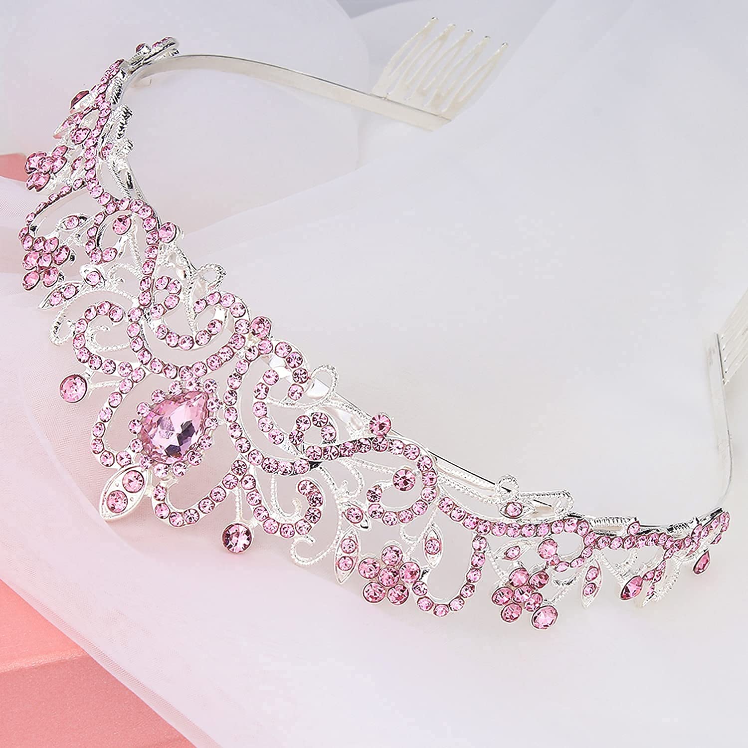 PALAY Didder Silver Tiara Crown for Women with Pink Crystals and Combs | Bridal Prom Birthday Accessory