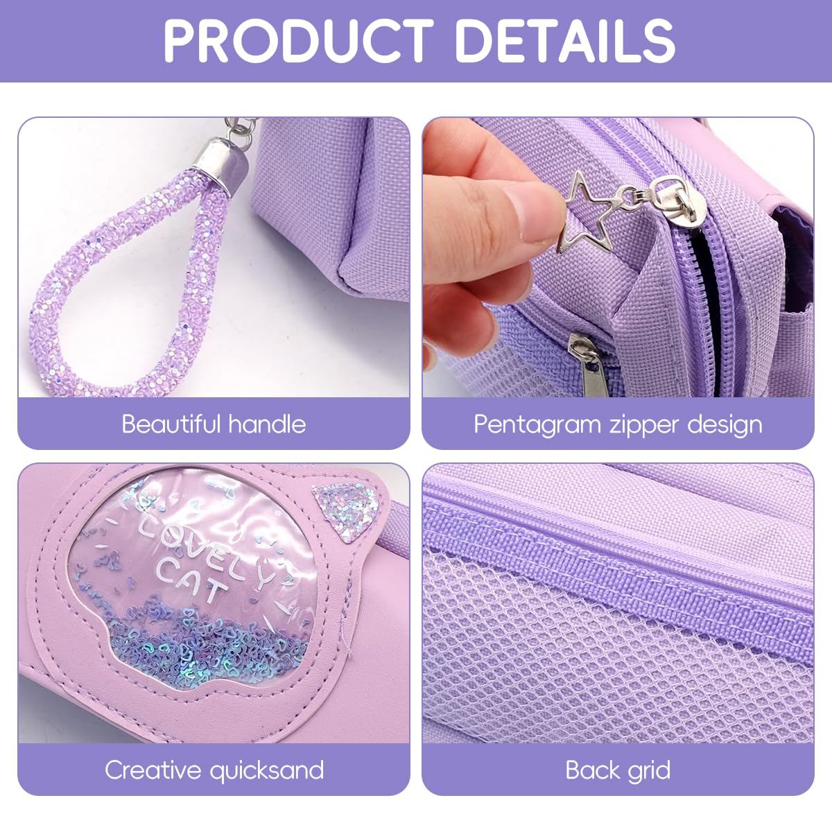 Zibuyu Pencil Pouch for Schoolgirls with Double Layer Zipper and Cute Purple Kitty Design