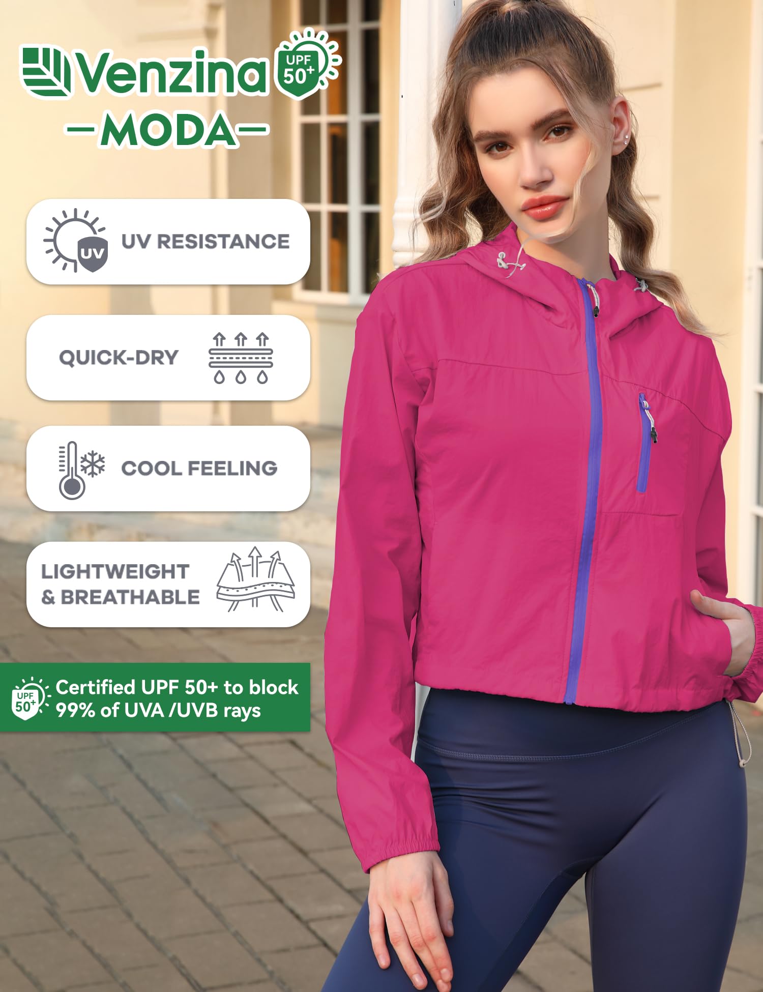 Venzina Sun Protection Jacket for Outdoor Use with Back Air Vent & UPF 50+ UV Shield | Hot Pink Quick Dry Nylon Hoodie for Women