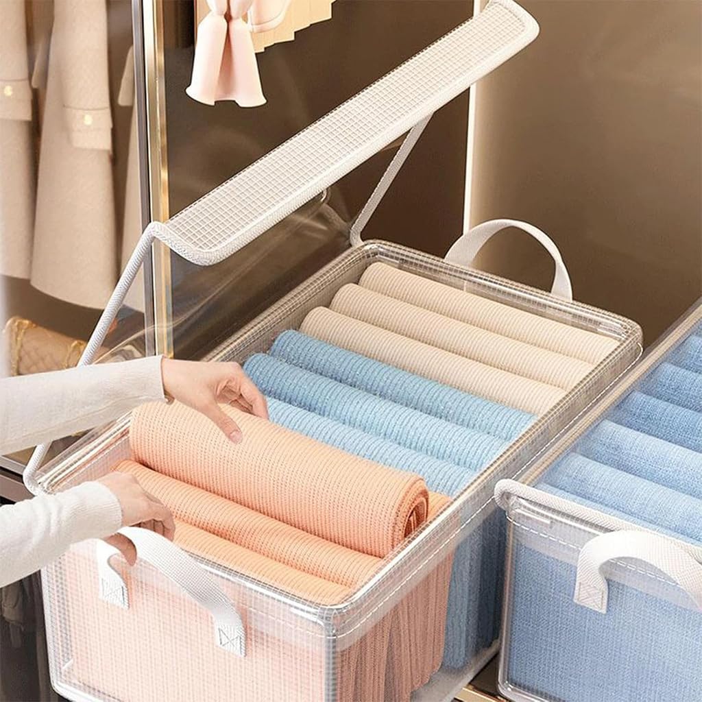 HASTHIP Wardrobe Organizer Box for Clothes with Steel Frame and Pull Handles 47x28x20cm | PVC Waterproof Foldable Storage Case