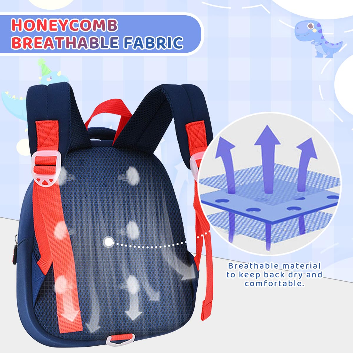 Fancyku Kids School Backpack for Preschool with 33x26x12cm Capacity and Neoprene Build | Cute Red Dinosaur Design for Boys and Girls
