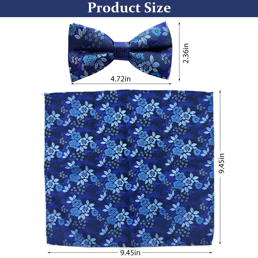 GUSTAVE Men's Bow Tie-Floral Jacquard Bow Tie Set Pocket Square Exquisite Collection (Blue)