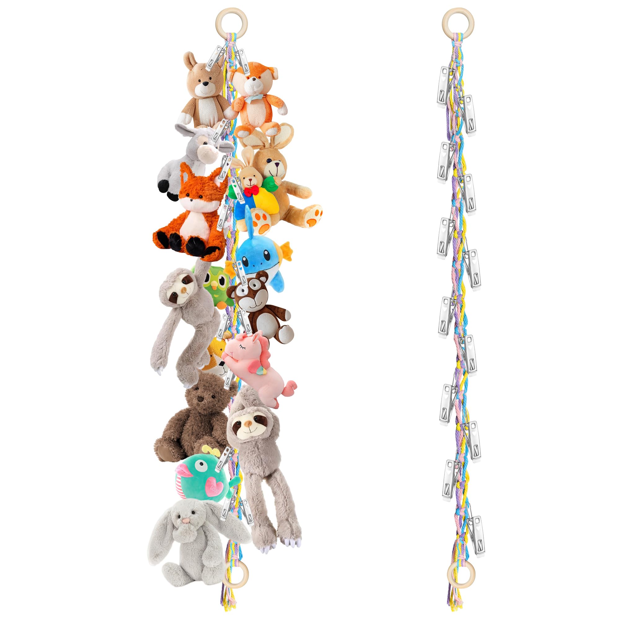 PATPAT® Hanging Stuffed Animal Storage Hammock - 78 Inch Stuffed Animal Net with 20 PCS Metal Clips, Macrame Stuff Animals Organizer for Room Decor-Multicolor