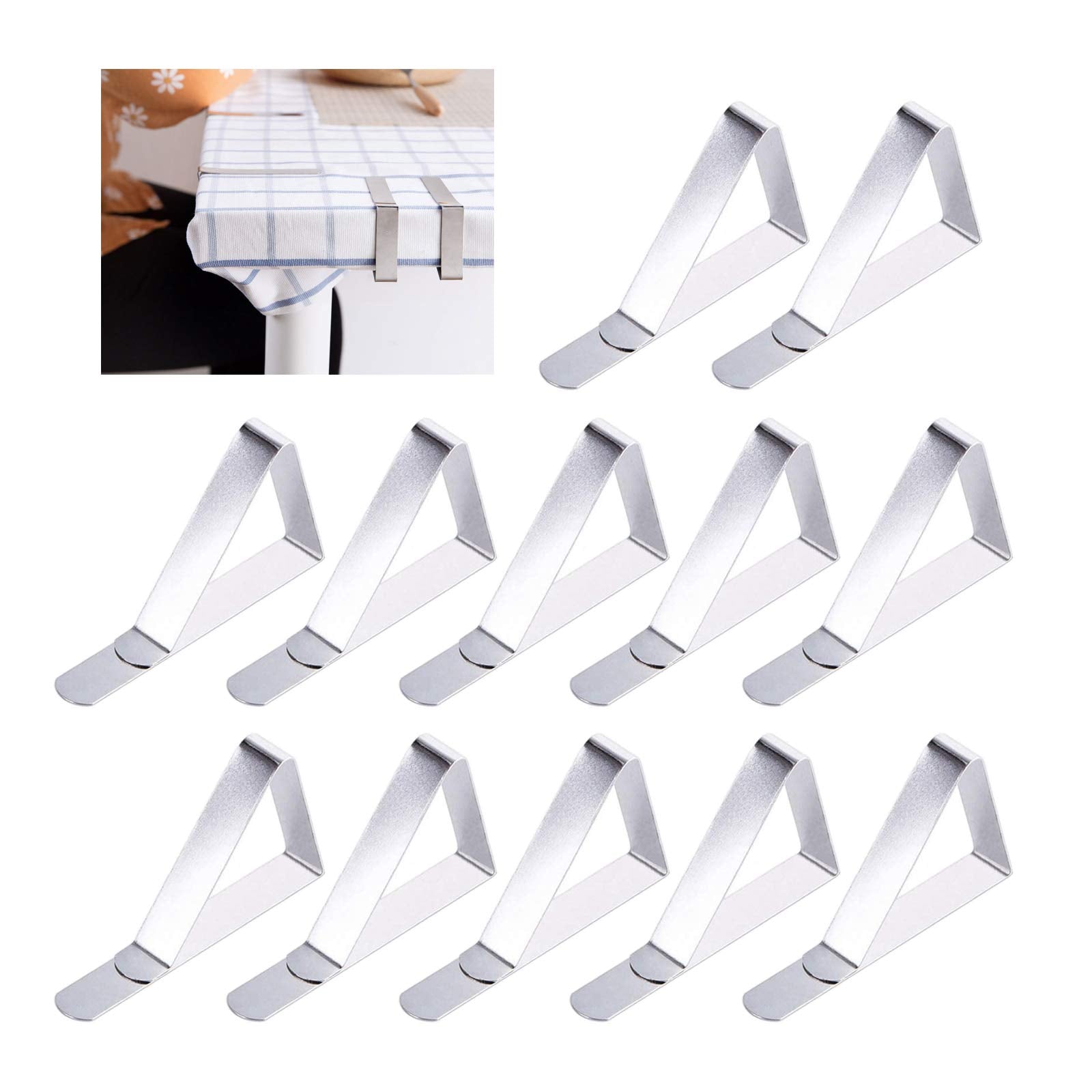 HASTHIP® Table Clips for Table Cloth - 12 Piece Set of Stainless Steel Triangular Tablecloth Clip Windproof Cloth Clips Cover Clamps for Home Picnic Party Restaurant,Silver