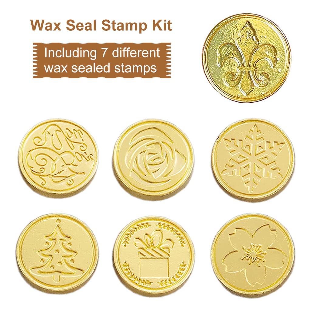 HASTHIP® 7Pcs Sealing Wax Stamps Kit Gift Box Set,Copper Seals plus 1 Wooden Wax Seal Stamp Handle for Cards Envelopes and Gift Packaging