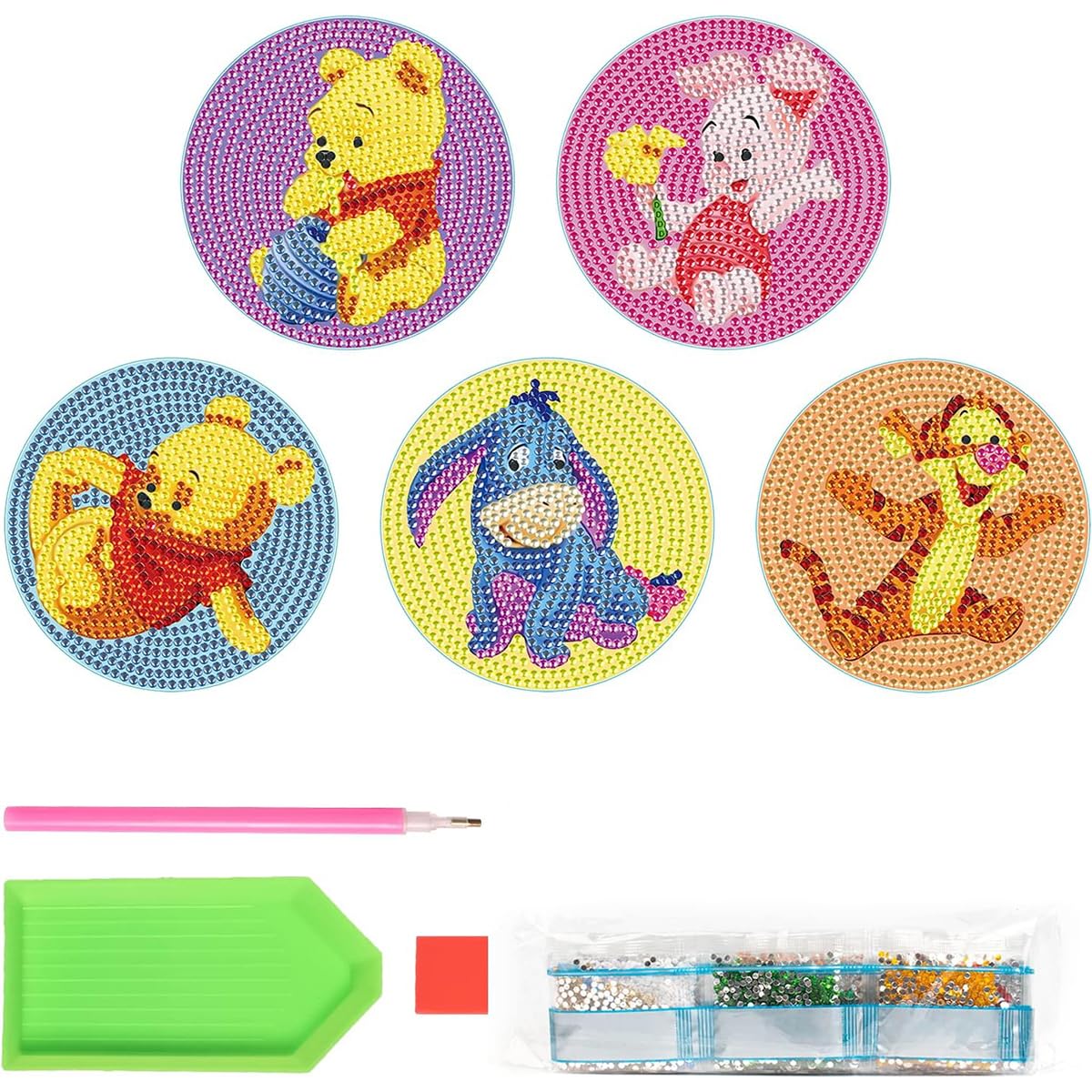 PATPAT® 5Pcs DIY Diamond Painting Kit Tea Coaster Set, Winnie the Pooh Cartoon Diamond Painting Coaster Set with Tools, Diamond Painting Coaster Diamond Painting Kit for Adults Kids Christmas Gifts