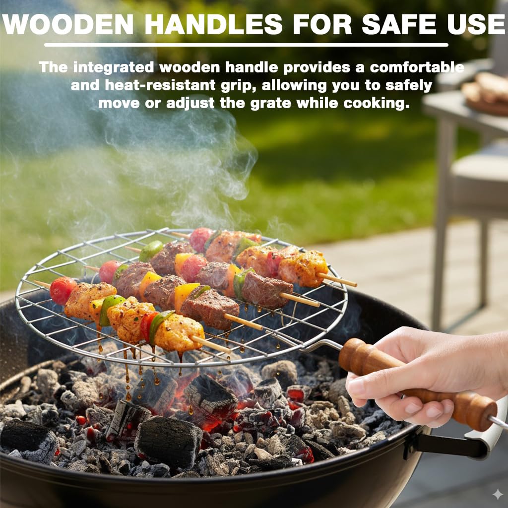 Supvox Wooden Handle Round Grill Rack for Outdoor Cooking with 7.4 in Stainless Steel Grid
