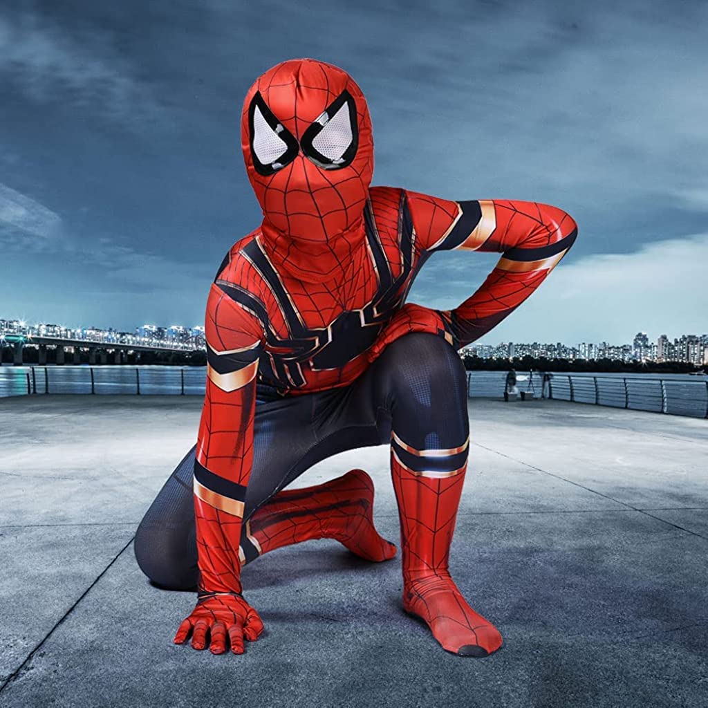 GUSTAVE® Spiderman Costume For Kids 3D Prints Spider Man Set 10-12 Years Gift Party Halloween Size M Suggest Height 145-155Cm Black Red Down 2 PCS