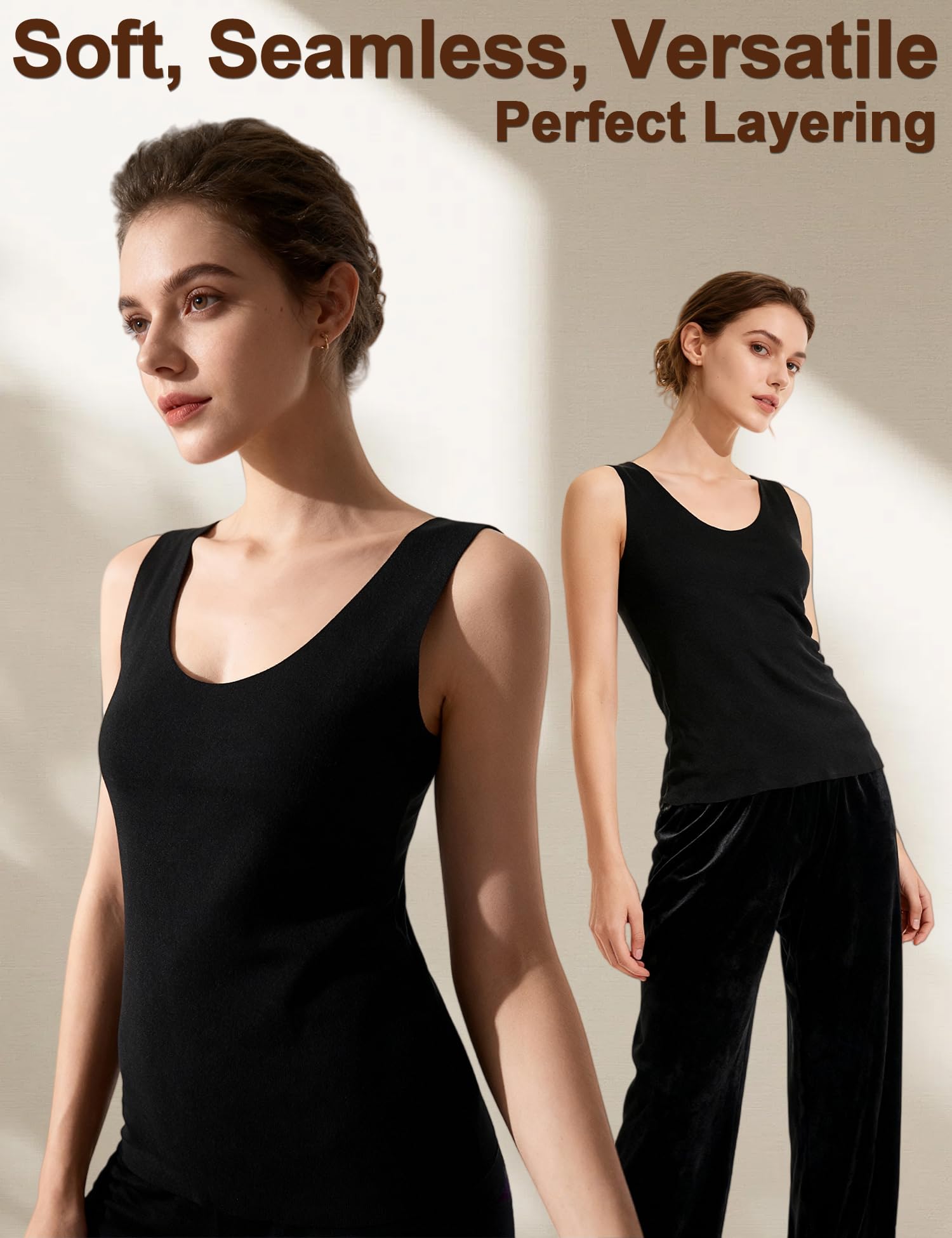 Venzina Women’s Seamless Thermal Vest with Double-Sided Fleece in Black M | Soft Layering Tank for Winter Warmth