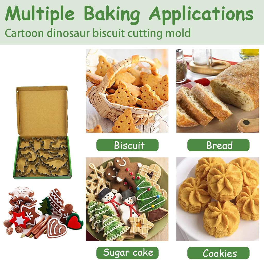 HASTHIP Dinosaur Cookie Cutters for Kids with 12 Cartoon Shapes and Stainless Steel Material | Fun Group Baking Set