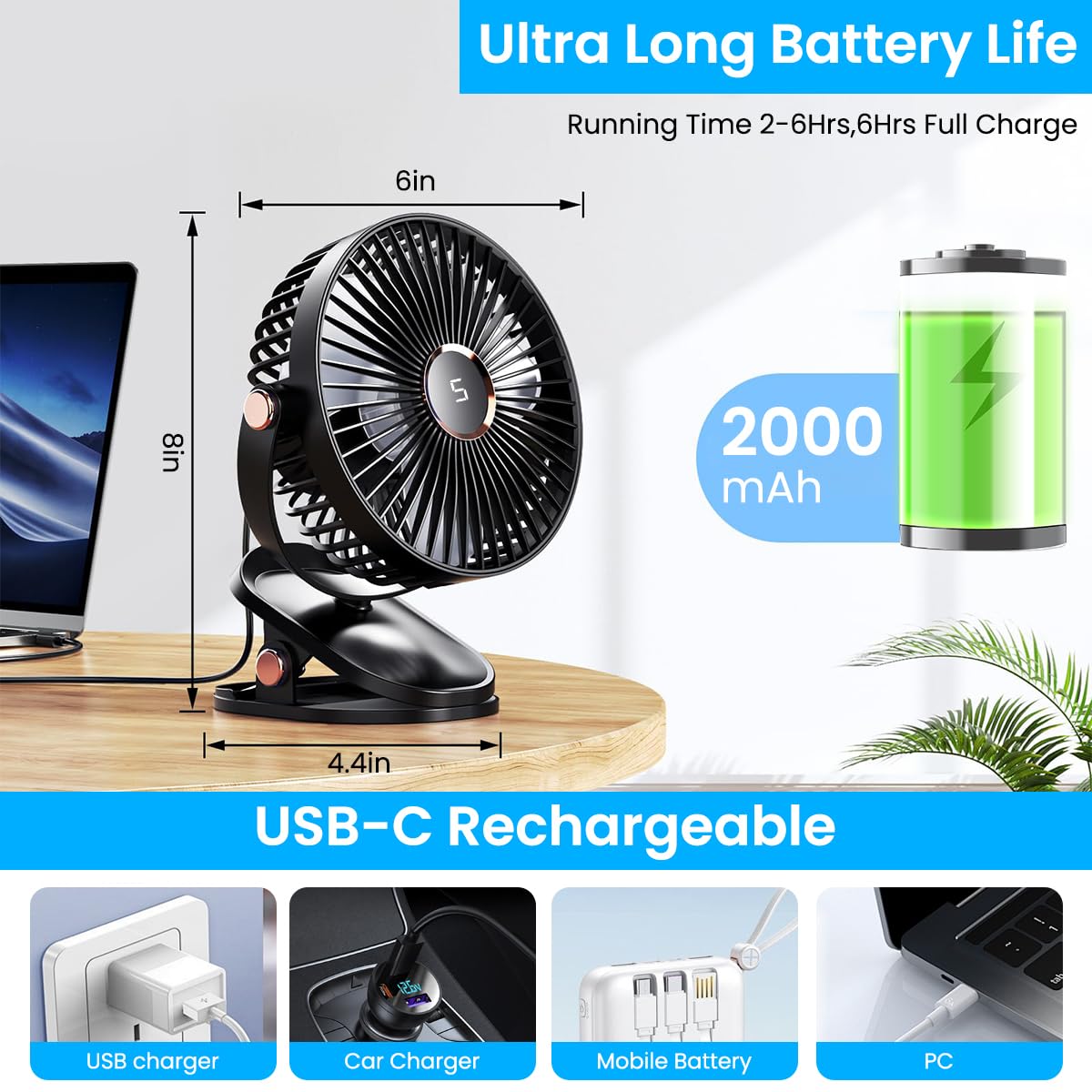 Verilux USB Clip Fan for Home and Office with 2000mAh Battery and 360° Adjustment | Night Light