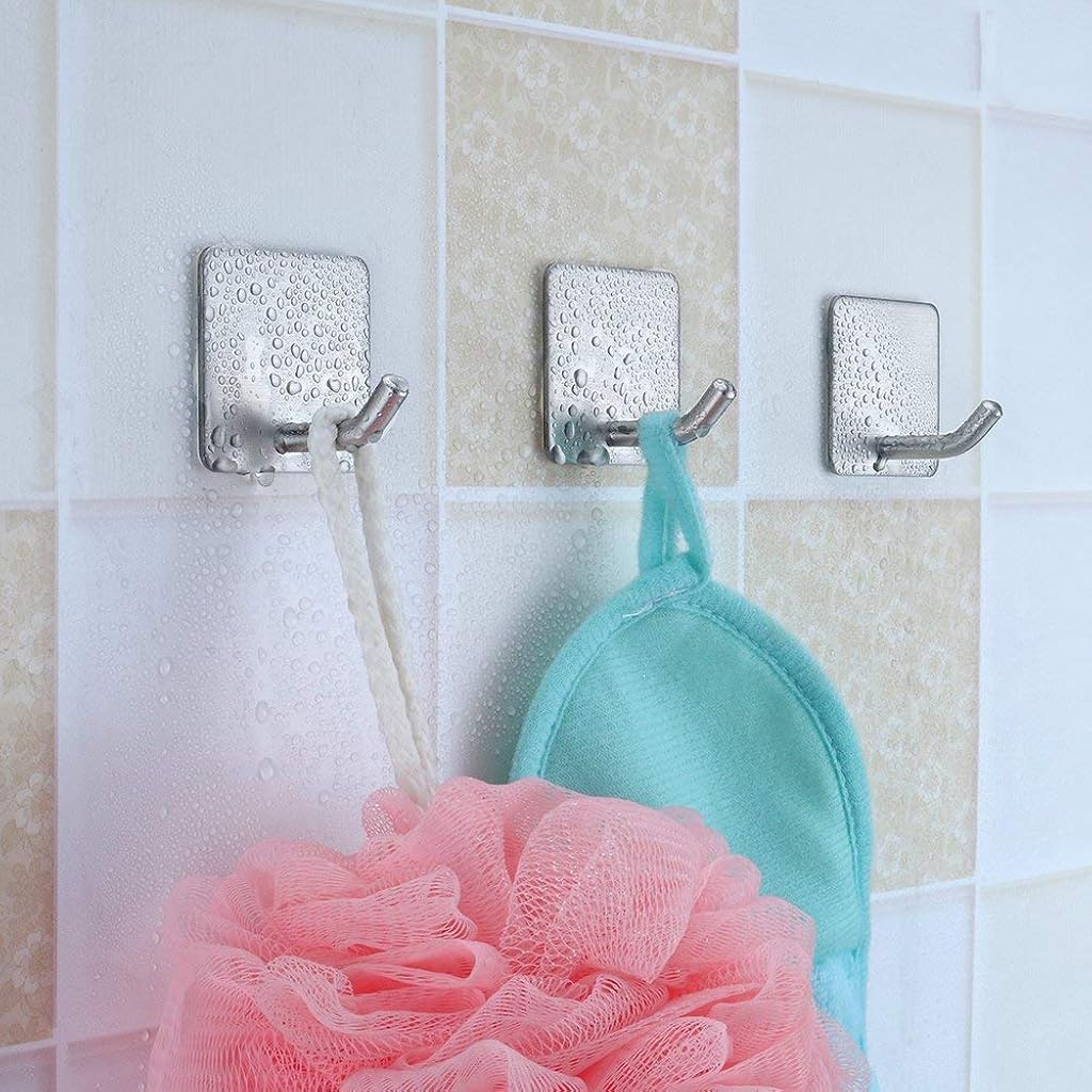 HASTHIP® Hooks for Wall Without Drilling Heavy Duty Stainless Steel Waterproof Self Adhesive Hook for Hanging Coat Hat Towel Kitchens Bathrooms Offices No Drill Needed Pack of 4