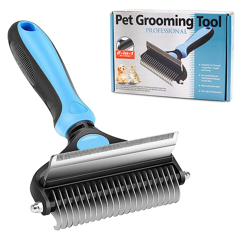 Qpets® Dog Brush Dogs Comb 2 in 1 Deshedding Tool& Dematting Undercoat Rake for Mats& Tangles Removing, Dog Grooming Kit, Pet Brush,Great for Short to Long Hair Small Large Breeds