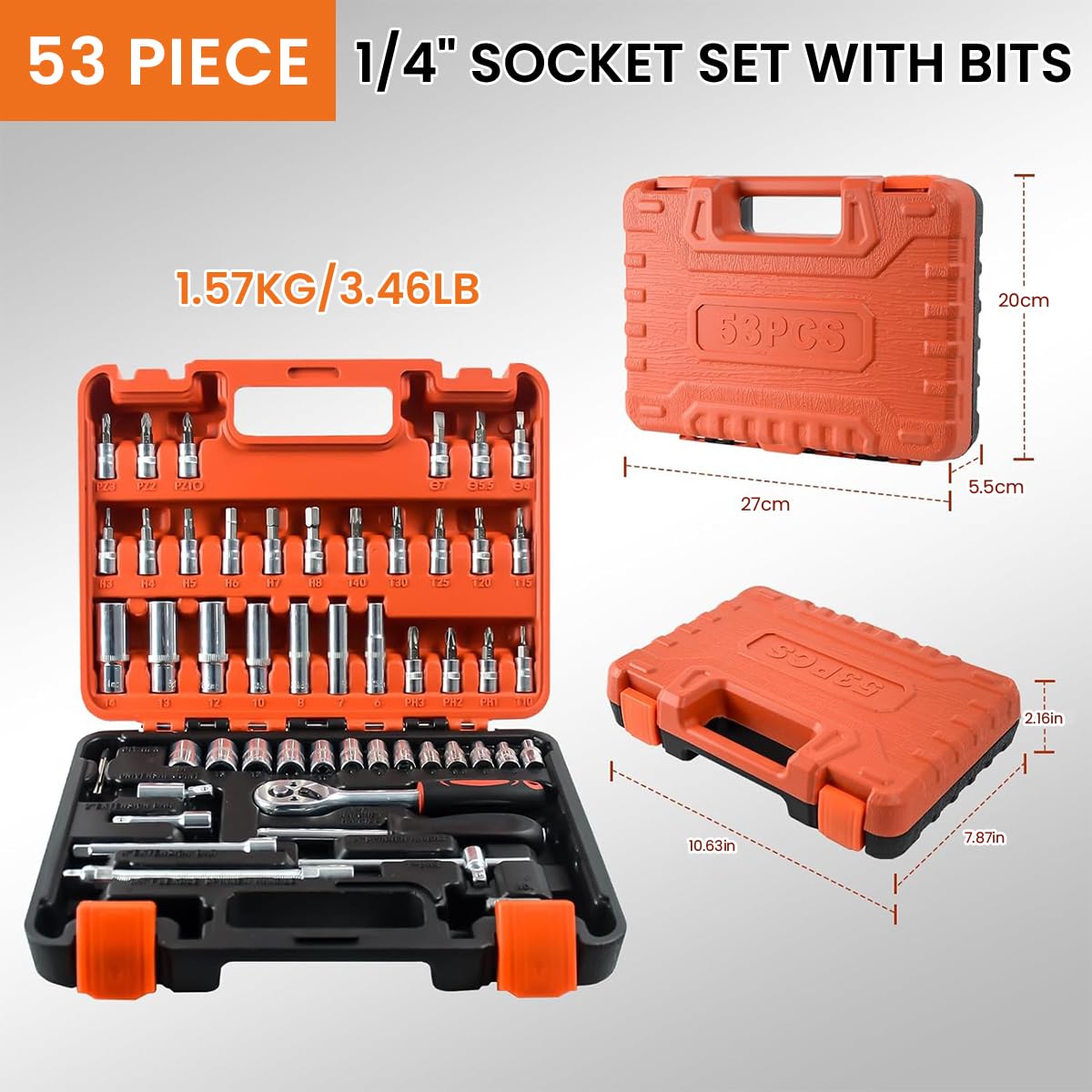 Serplex® 53 Pieces 1/4 inch Drive Socket Ratchet Wrench Tool Set with Bit Socket Set Metric and Extension Bar for Auto Repairing and Household, with Storage Case