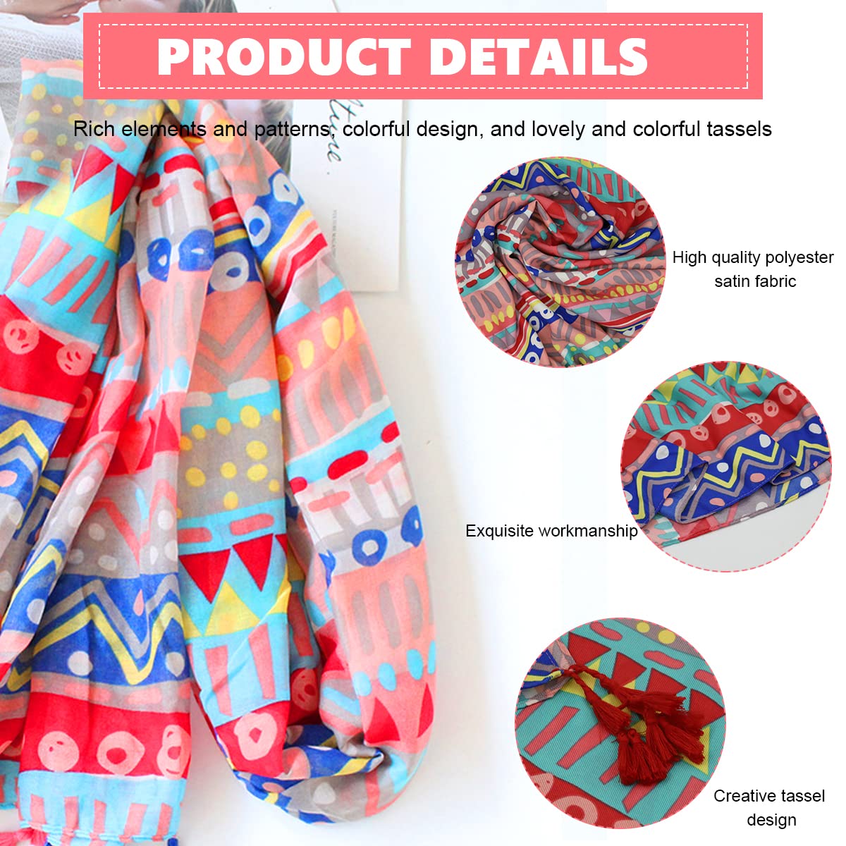 Venzina Long Shawl for Women with Geometric Print and Tassels 180 x 90cm Satin Scarf Wrap