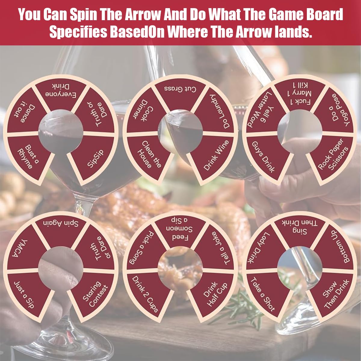HASTHIP Wine Glass Spinner Game for Party Gatherings with 6Pcs Base-Attached Wheels | Fun Ice-Breaking Drinking Game for Adults