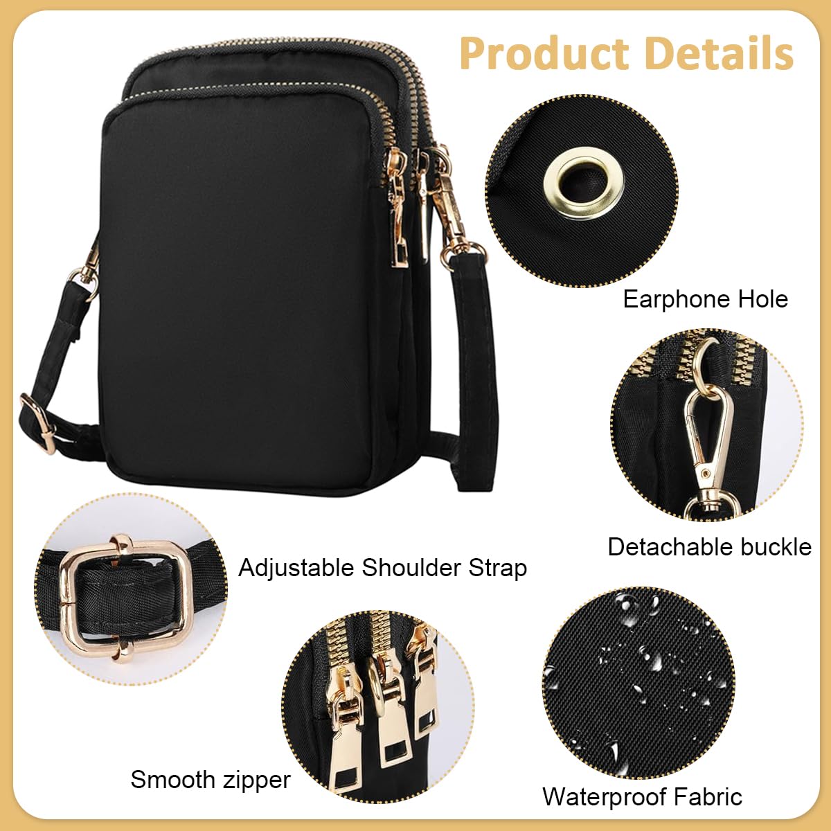 Zibuyu Crossbody Phone Bag for Women with Triple Layer Zipper and Earphone Hole | Black Water Resistant Nylon