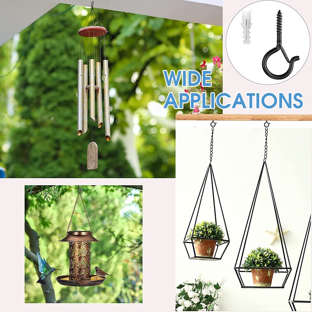 HASTHIP Screw Wall Hooks for Outdoor String Lights with Safety Buckle 20pcs Black | Steel Ceiling Cup Hooks