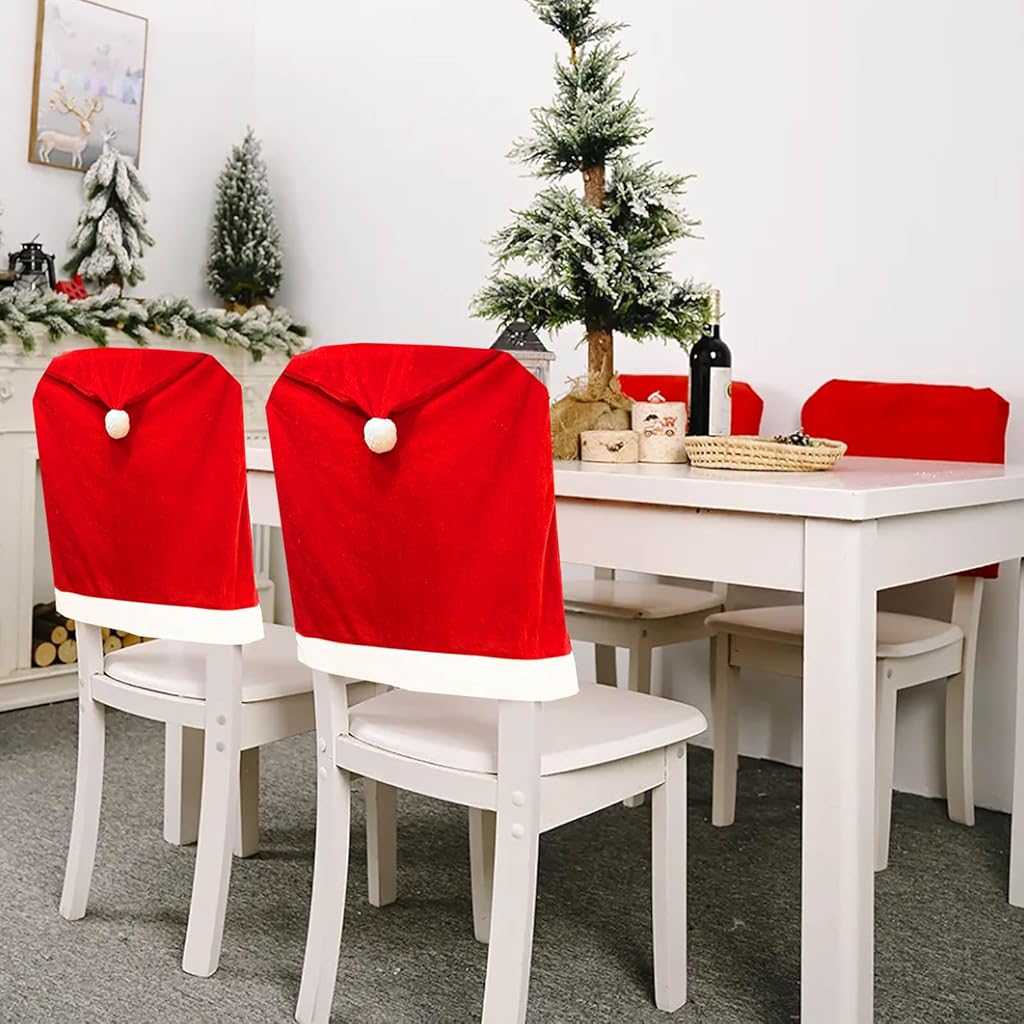 HASTHIP® 4PCS Christmas Chair Covers,Red Hat Dining Chair Slipcovers,Christmas Back Covers Kitchen for Xmas Holiday Festival Kitchen Bar Dining Room Table Decor